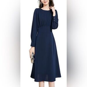 Classic Navy Long-Sleeve A-Line Midi Dress